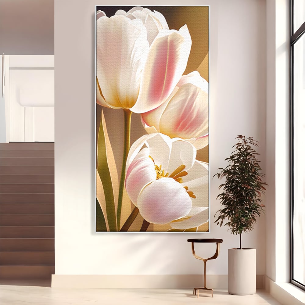 Tablou canvas cu tablou canvas cu trei lalele, in rama de aluminiu argintiu